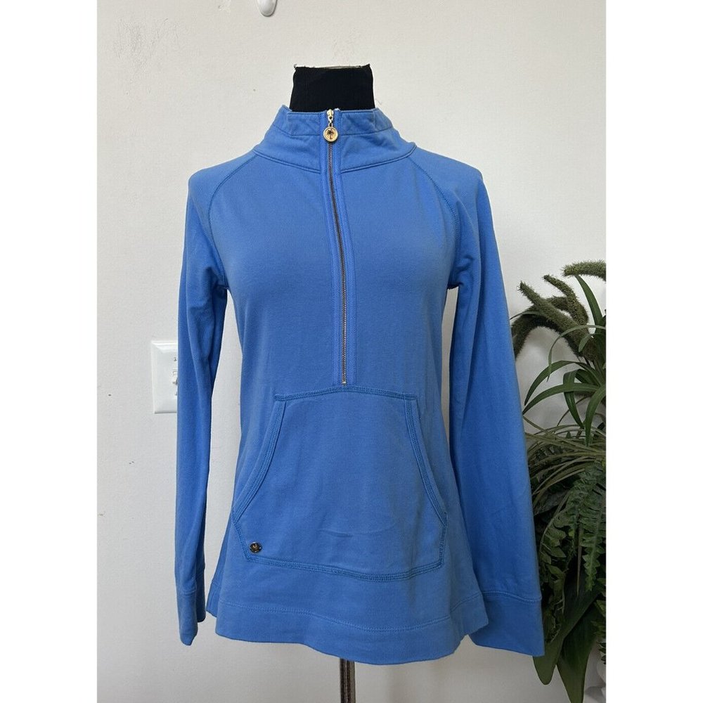 Lilly Pulitzer Womens Blue Long Sleeve 1/2 Zip Cotton Hooded Popover Hoodie Sz S